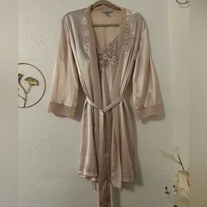 Y2K Luciano Dante Pink Floral Embroidered Satin Slip Dress and Robe Set
